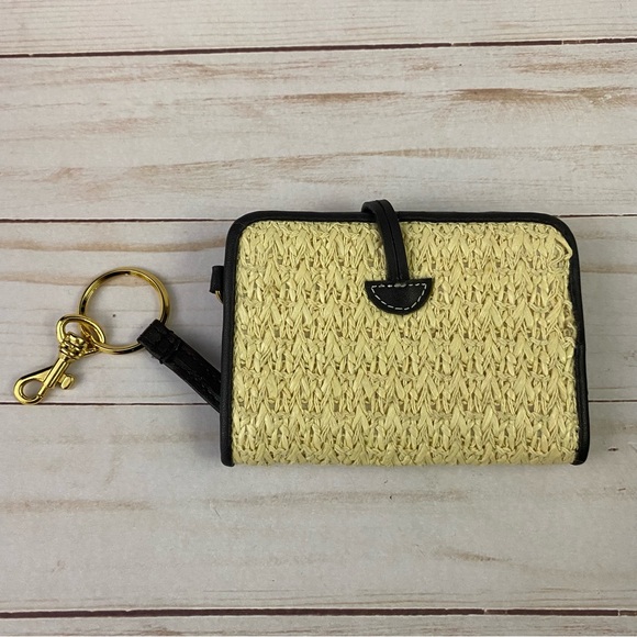 Etienne Aigner Small Wallet Brown Tan Straw Coin Key Chain Ring ID Holder - Picture 2 of 7